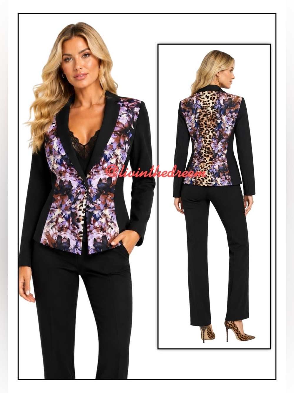 Boston Proper Women's Tailored Black Multi Mixed Floral Leopard Print Blazer